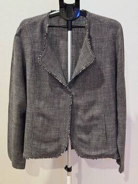 Eileen Fisher Women's Grey Tweed Open-Front Frayed-Edge Blazer